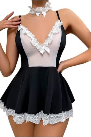 Women's Naughty Maid Uniform Lingerie Outfits Sexy Lace Apron Teddy Babydoll Roleplay Costume with Neck Ring