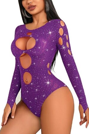 Women's Lingerie Rhinestone Fishnet Bodysuits Sexy Body Suit Mesh Top Rave Outfits One Piece Teddy Lingerie