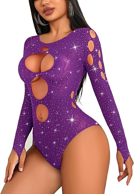 Women's Lingerie Rhinestone Fishnet Bodysuits Sexy Body Suit Mesh Top Rave Outfits One Piece Teddy Lingerie