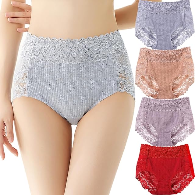 Women's Sexy Lace Hipster Underwear Cotton High Waist Panties For Women Grils Seamless Ladies Briefs 4 Pack