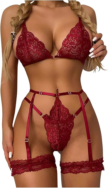 Women's Exotic Lace Lingerie Set With Garter Belt And Thong - Red, Size D