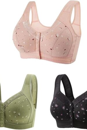 3PC Women Sexy Front Close Button Vest Bra Floral Print Wireless Push Up Bras Fashion Comfy Breathable Bra Underwear