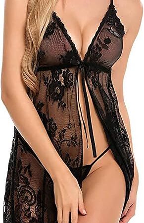 Women's Sexy Lace Lingerie Babydoll V Neck Chemise Spaghetti Strap Sleepwear Sheer Mesh Nightgown with Thong