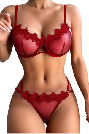 Women Lace Lingerie Set 2 Piece Bralette and Panty Stylish Sexy Sheer Lingerie Sets Mesh Corset Underwear Sleepwear, Small, A03_wine