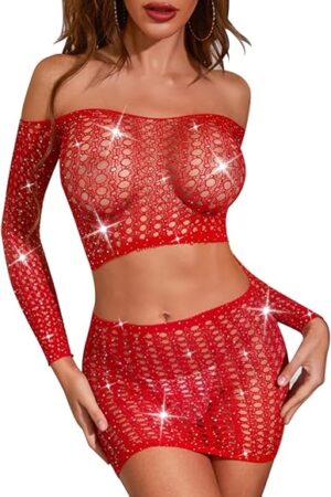 Women's Fishnet Lingerie Set for Women Sparkly Rhinestone Off Shoulder Two Piece Lingerie Set Stripper Outfit