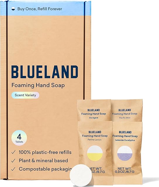 BLUELAND Foaming Hand Soap Refill Tablets, 4-Pack, Variety Scents, Eco Friendly Cleaning Products, 4 x 9 Fl oz