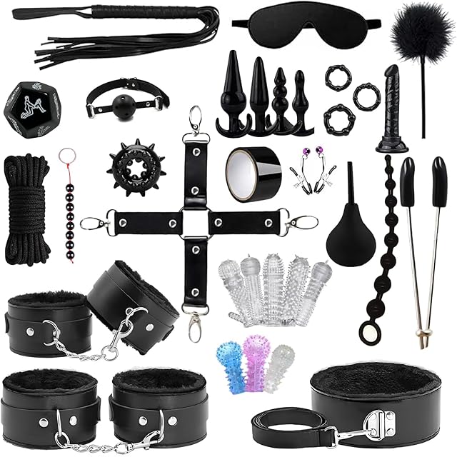 BDSM Bondage Kit Sex Restraints Set for Beginners Sex Accessories for Adults Couples BDSM Kit for Couples Sex Toys for Women and Men (Black, 33PCS)