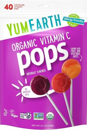 YumEarth Organic Vitamin C Pops Variety Pack, 40 Fruit Flavored Favorites Lollipops, Allergy Friendly, Gluten Free, Non-GMO, Vegan, No Artificial Flavors or Dyes