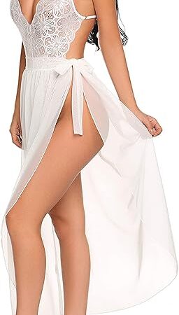 Women One Piece Lingerie Deep V Lace Bodysuit Mosaic Lace Teddy Mesh Skirt
