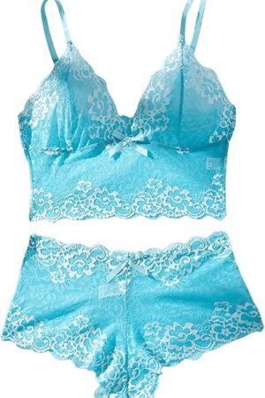 Women's Bow Floral Lace Sheer Lingerie Set 2 Piece Wireless Bra and Panty Sets