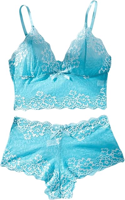 Women's Bow Floral Lace Sheer Lingerie Set 2 Piece Wireless Bra and Panty Sets
