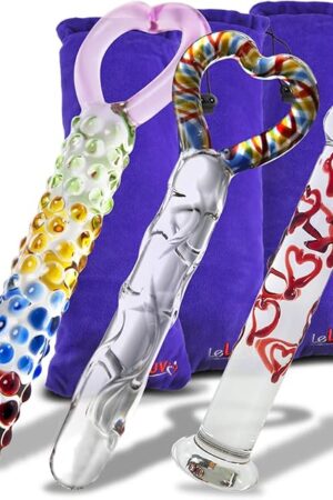 LeLuv Rainbow Hearts Glass Dildo Wand 3 Piece Gift Set with Premium Padded Pouches for Each