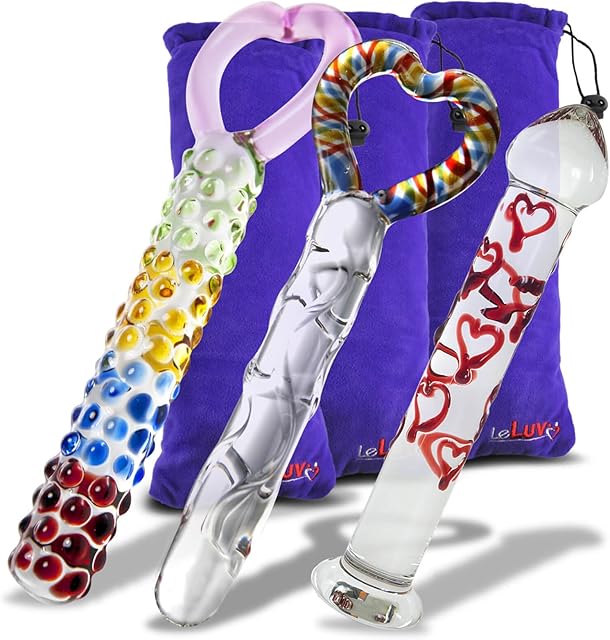 LeLuv Rainbow Hearts Glass Dildo Wand 3 Piece Gift Set with Premium Padded Pouches for Each