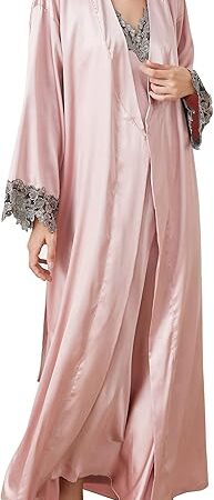 Women's 2 Pcs Ice Silky Pajama Set Full Slip Camisole Nightdress Bathrobe Set