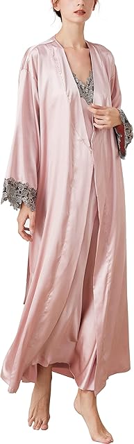 Women's 2 Pcs Ice Silky Pajama Set Full Slip Camisole Nightdress Bathrobe Set