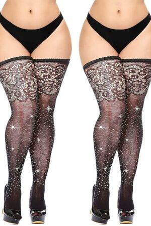 Women's Black Fishnet Thigh Highs Plus Size Stay-up Rhinestone Stocking 2 Pairs
