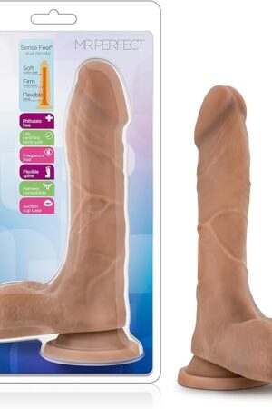 Blush Au Naturel Mister Perfect 85" Realistic Dildo w/Balls - Dual Density Lifelike Cock - Suction Cup, Strap-On Compatible - Flexible Shaft Penis Sex Toy for Women, Men & Couples - (Mocha Fun)