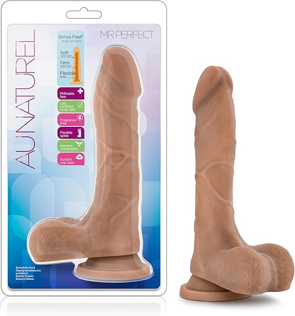 Blush Au Naturel Mister Perfect 85" Realistic Dildo w/Balls - Dual Density Lifelike Cock - Suction Cup, Strap-On Compatible - Flexible Shaft Penis Sex Toy for Women, Men & Couples - (Mocha Fun)