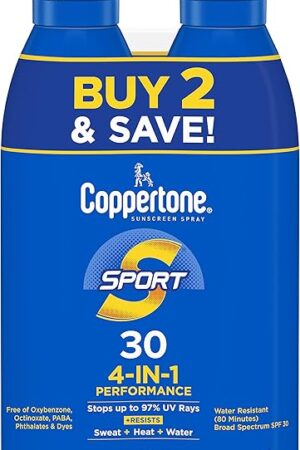 Coppertone Sport Sunscreen Spray SPF 30, Water Resistant Spray Sunscreen Pack, 5.5 Oz, Pack of 2 (Packaging May Vary)