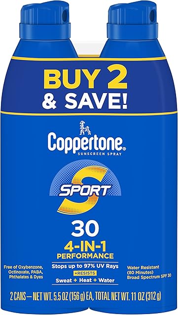 Coppertone Sport Sunscreen Spray SPF 30, Water Resistant Spray Sunscreen Pack, 5.5 Oz, Pack of 2 (Packaging May Vary)