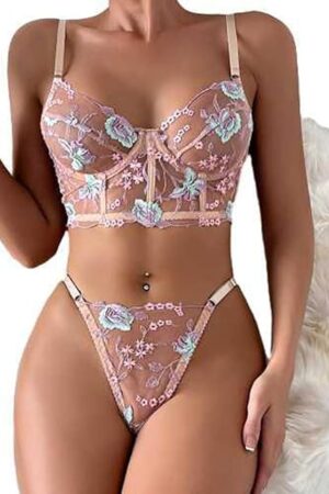 Women's Lingerie Set Sexy Sheer Floral Lace Underwear Pajamas High Waist Sleepwear Bra and Panty 2 Piece Nightwear