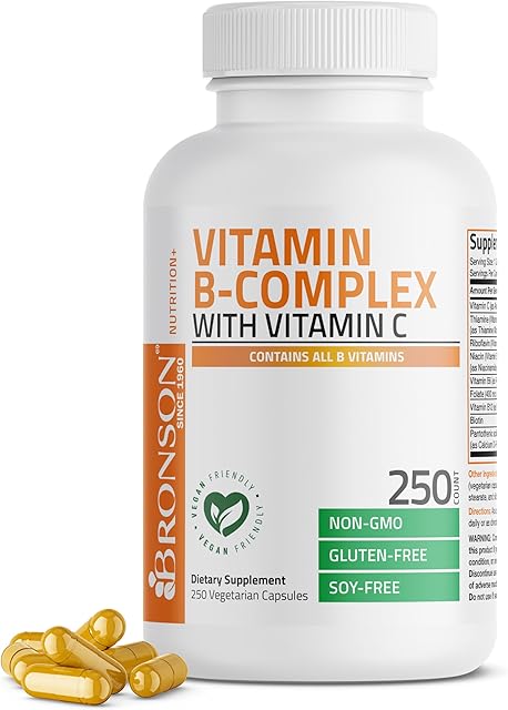Bronson Vitamin B Complex with Vitamin C - Immune Health, Energy Support & Nervous System Support - Non-GMO, 250 Vegetarian Capsules