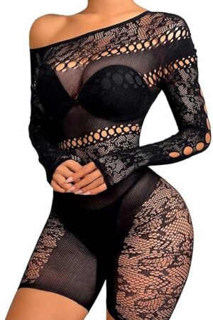 Women's Sexy Sheer Mesh One Shoulder Long Sleeve Bodysuit See Through Lace Clubwear plus Size Women Lingerie