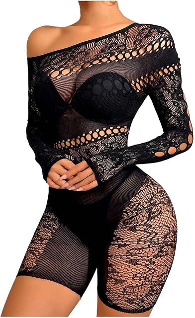 Women's Sexy Sheer Mesh One Shoulder Long Sleeve Bodysuit See Through Lace Clubwear plus Size Women Lingerie