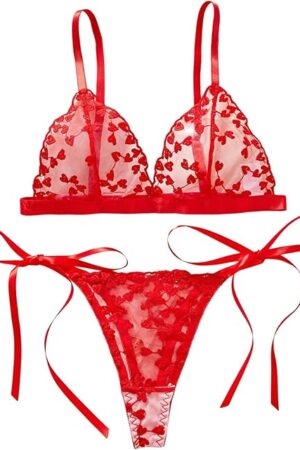 Women's Sheer Mesh Sexy Lingerie Heart Embroidery Triangle Bra Panty Nightwear Set