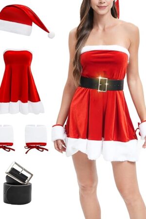 4PCS Women's Christmas Lingerie Santa-Inspired Red Chemise with Belt and Cuffs