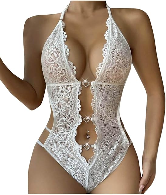Women Deep V Teddy Lingerie Sexy Lace Halter Bodysuit Snap Crotch One Piece Jumpsuit for Sex Naughty