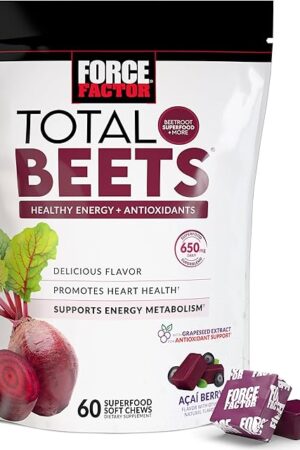 Force Factor Total Beets Soft Chews with Beetroot, Nitrates, L-Citrulline, Grapeseed Extract, and Antioxidants, Healthy Energy Supplement with Elite Ingredients, Heart Health Superfood, 60 Chews