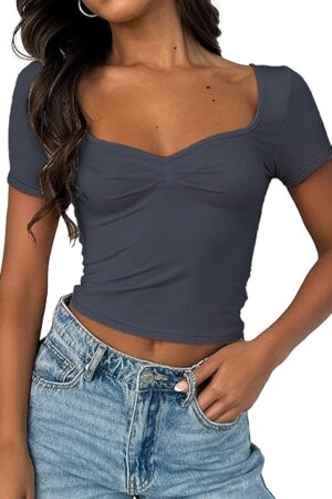 Women's Short Sleeve Going Out Crop Top Sexy Pleated Cute Shirt Sweetheart Neck Y2K Ruched Cropped Tops