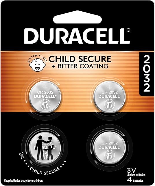 Duracell 2032 Lithium Battery 4 Count Pack Child Safety Features Compatible with Apple AirTag, Key Fob, and other devices CR2032 Lithium 3V Cell 2032 Battery, Lithium Coin Battery