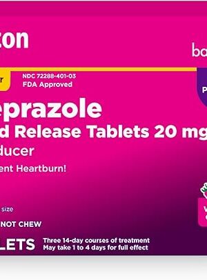 Amazon Basic Care Omeprazole Delayed Release Tablets 20 mg, Acid Reducer, Wildberry Mint Coated Tablet, Heartburn Medicine, 42 Count