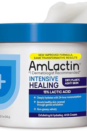 AmLactin Intensive Healing Body Cream, 12 oz Tub, 2-in-1 Exfoliator and Moisturizer for Dry Skin with 15% Lactic Acid and Ceramides for 24-Hour Moisturization