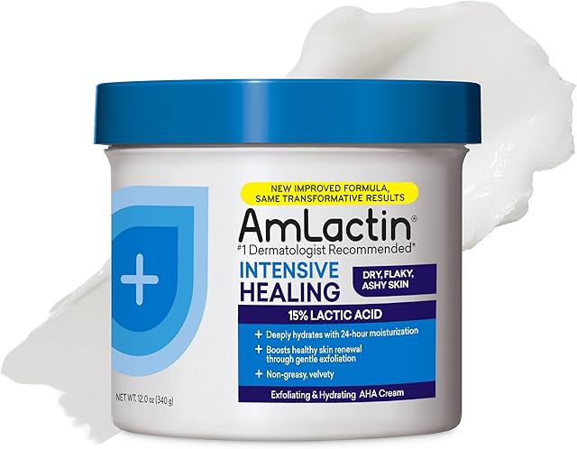 AmLactin Intensive Healing Body Cream, 12 oz Tub, 2-in-1 Exfoliator and Moisturizer for Dry Skin with 15% Lactic Acid and Ceramides for 24-Hour Moisturization