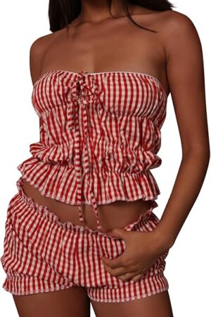 Women's Plaid Pajamas Sets Y2K Strapless Crop Tube Top & Ruched Shorts Pjs Lingerie Sexy Linen Sleepwear