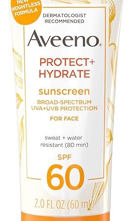 Aveeno Protect + Hydrate Face Sunscreen, SPF 60 Broad Spectrum, for Sensitive Skin, Travel Size, Water Resistant, Paraben, Oxybenzone & Oil Free, 2 fl oz