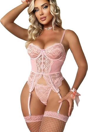 Women's Sexy Lingerie Set Floral Lace Garter Bustier Lingerie Set with 1Pair Fishnet Stocking