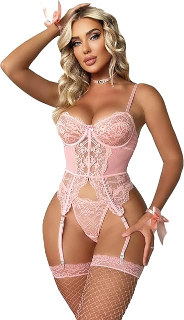Women's Sexy Lingerie Set Floral Lace Garter Bustier Lingerie Set with 1Pair Fishnet Stocking