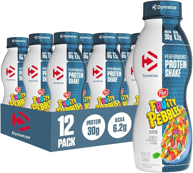 Dymatize Performance Protein Shake, Fruity Pebbles, 30g of Protein, 62g BCAA for Muscle Recovery, No Added Sugar, Low Fat, 24 Vitamins and Minerals, Gluten-Free, Ready to Drink, On-the-Go Snack, 115fl oz, 12 pack