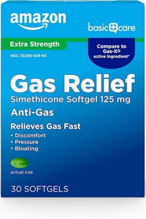 Amazon Basic Care Gas Relief Softgels, Simethicone 125 mg, Extra Strength Antigas, 30 Count