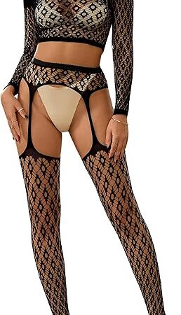 Women's Sexy Leopard Fishnet Set Long Sleeve Mesh Top+Tight Stockings, 2 Piece Costume Set Stretchy Bodysuit