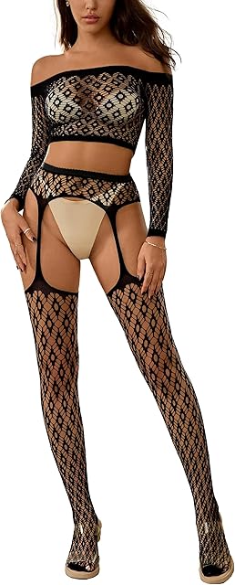 Women's Sexy Leopard Fishnet Set Long Sleeve Mesh Top+Tight Stockings, 2 Piece Costume Set Stretchy Bodysuit