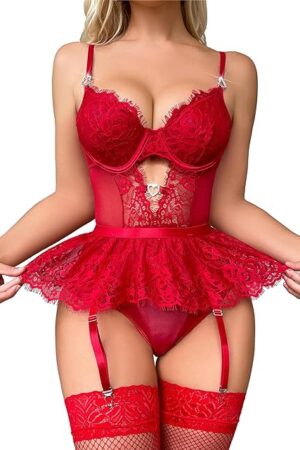 Women Lingerie Set Naughty Lace Bodysuit High Waisted Underwire Lingerie Babydoll With Garter Belt and Stockings