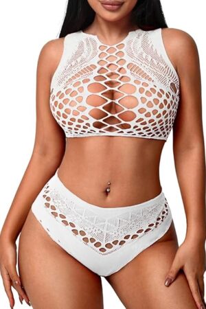 Women's Fishnet Lingerie Set Sexy Stretchy Mesh 2-Piece Sleeveless Crop Top and Panty Bodysuit Clubwear Outfit