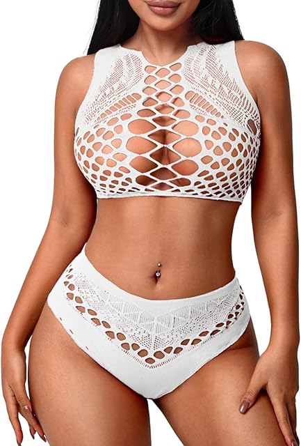 Women's Fishnet Lingerie Set Sexy Stretchy Mesh 2-Piece Sleeveless Crop Top and Panty Bodysuit Clubwear Outfit