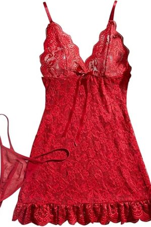 Women's Lingerie Sexy Lace Babydoll Sheer See Through Nightgown Chemise Boudoir Nighty Sleepwear with Panty