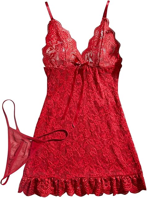 Women's Lingerie Sexy Lace Babydoll Sheer See Through Nightgown Chemise Boudoir Nighty Sleepwear with Panty